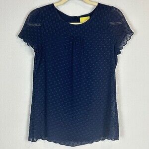 Maeve Anthropologie Short Sleeve Sheer Navy Blue Scalloped Edge Blouse 0
